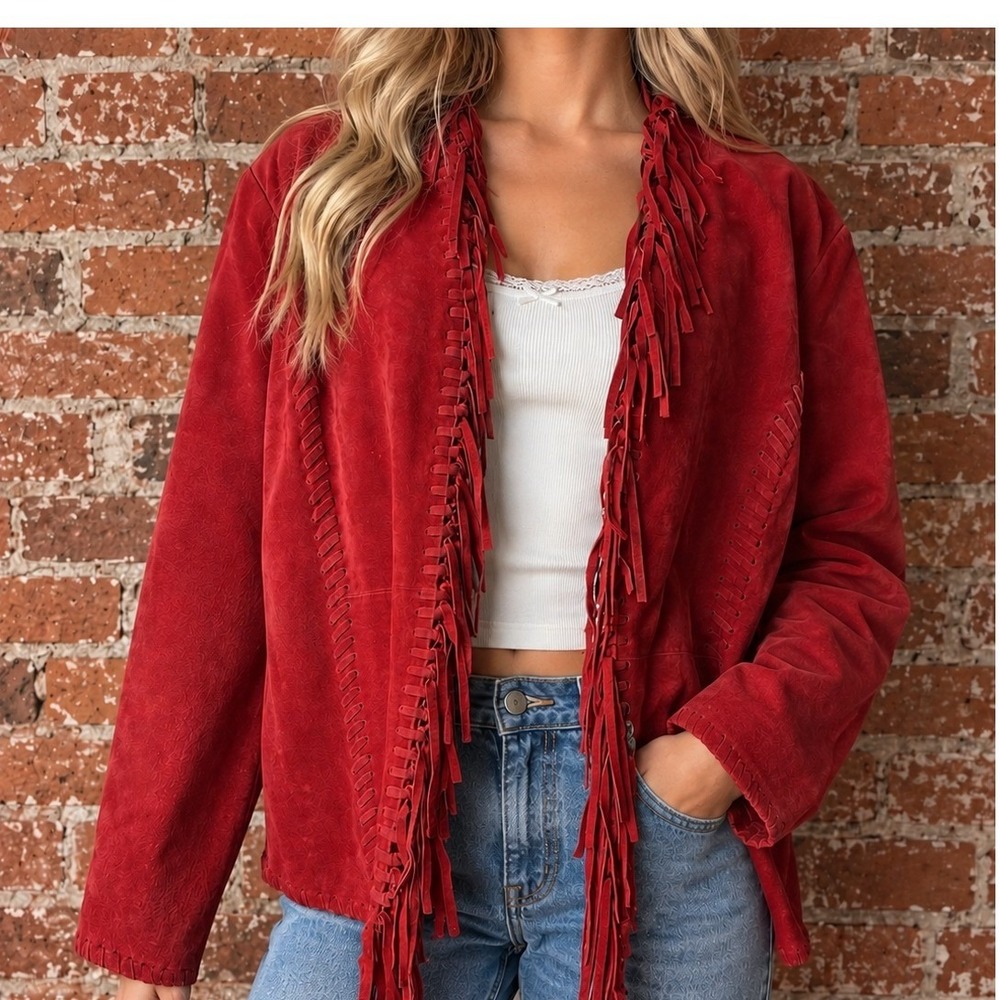 Vintage Red Suede Fringe Whipstitch Open Front Jacket XL Boho Western Autumn